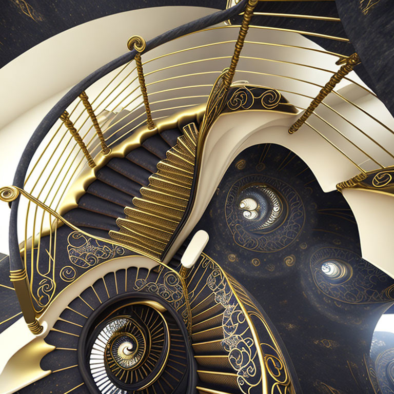 Luxurious spiral staircase with golden railings and circular patterns.