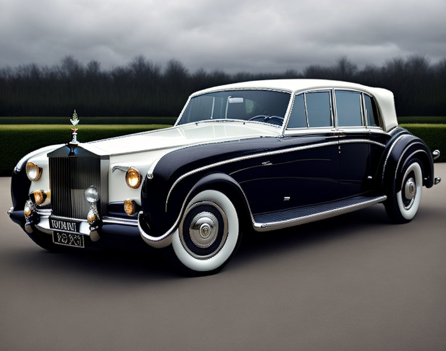 Vintage black and white car with chrome details and iconic figurine parked on a gray road under a cloudy