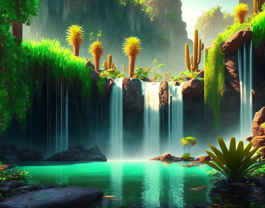 Lush greenery, waterfalls, cacti in vivid landscape