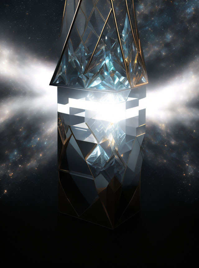 Geometric crystal lantern shining in starry space.