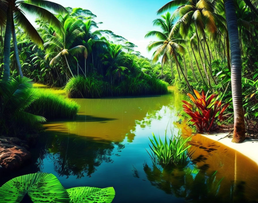 Lush Tropical Paradise with Palm Trees Along Calm River