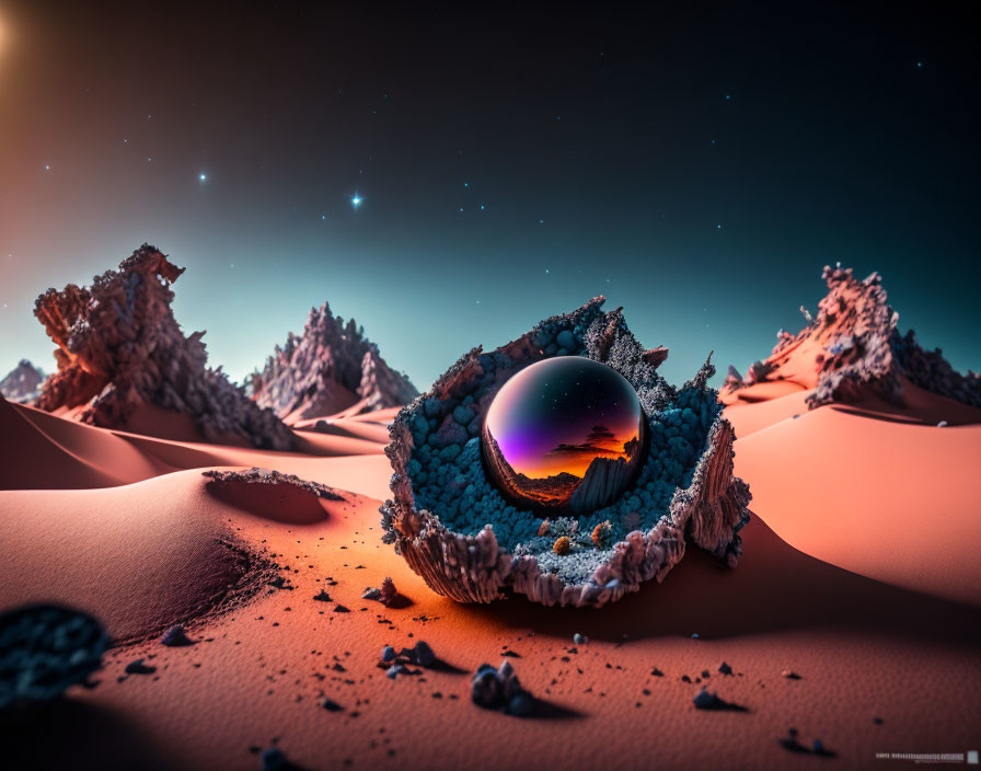 Surreal landscape with sand dunes, glossy sphere, and starry sky