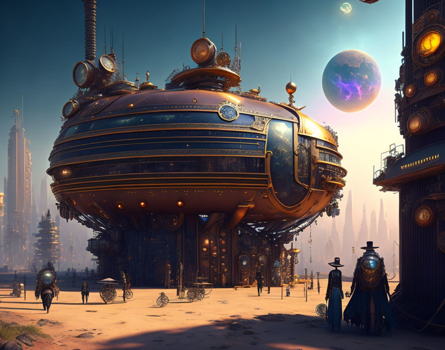 Futuristic cityscape with floating spherical building and ornate spires.