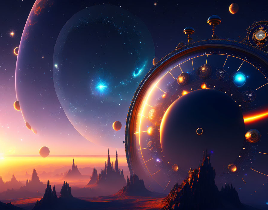 Surreal landscape with astronomical clock, planets, stars, and rocky spires