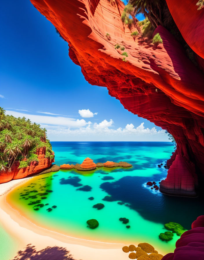 Vibrant beach scene with red cliff, turquoise sea, greenery, golden sands