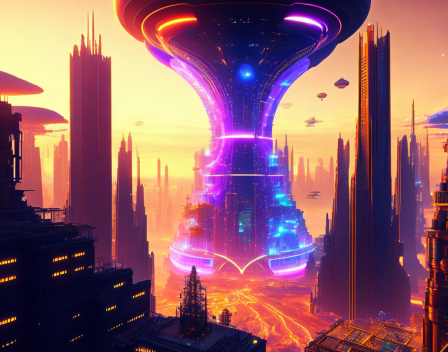 Futuristic sci-fi cityscape with neon-lit skyscrapers and lava streams