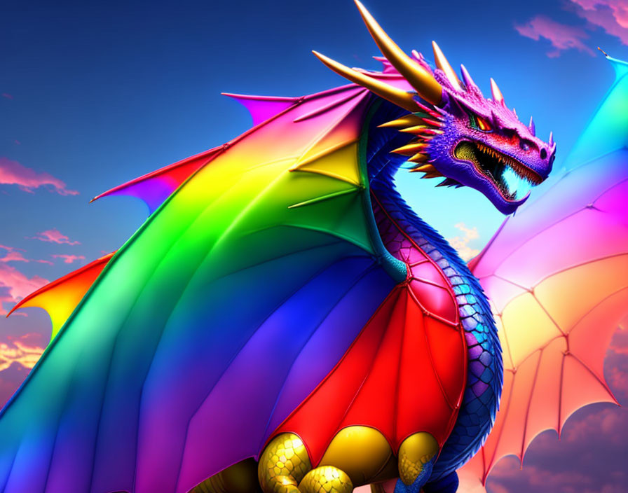 Colorful Dragon with Rainbow Wings Soaring in Dynamic Sky