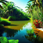 Tranquil digital illustration of tropical lagoon with green waters and tiki hut