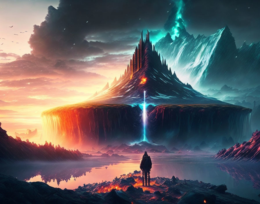 Mysterious lone figure facing glowing mountain under surreal sky