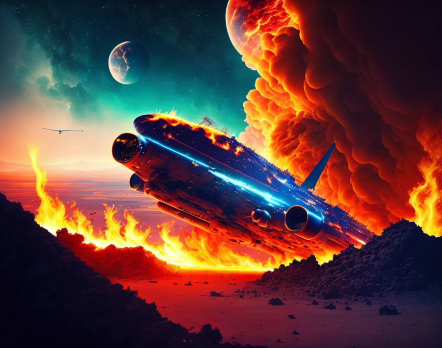 Burning airplane crash-landing on fiery alien landscape with starry sky and distant planet.