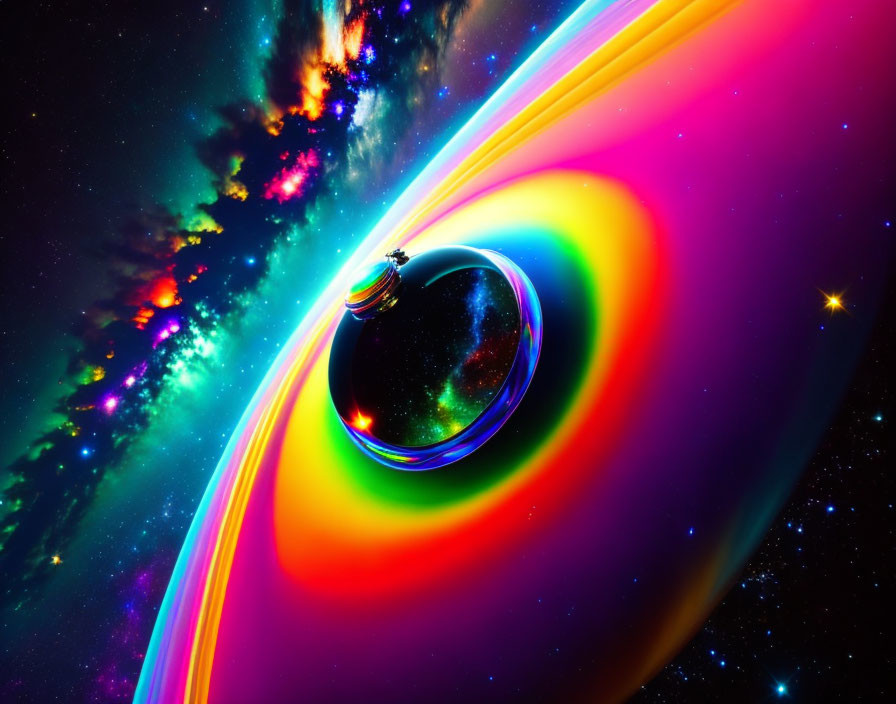 Colorful surreal space artwork with glossy planet and swirling lights against starry nebula.