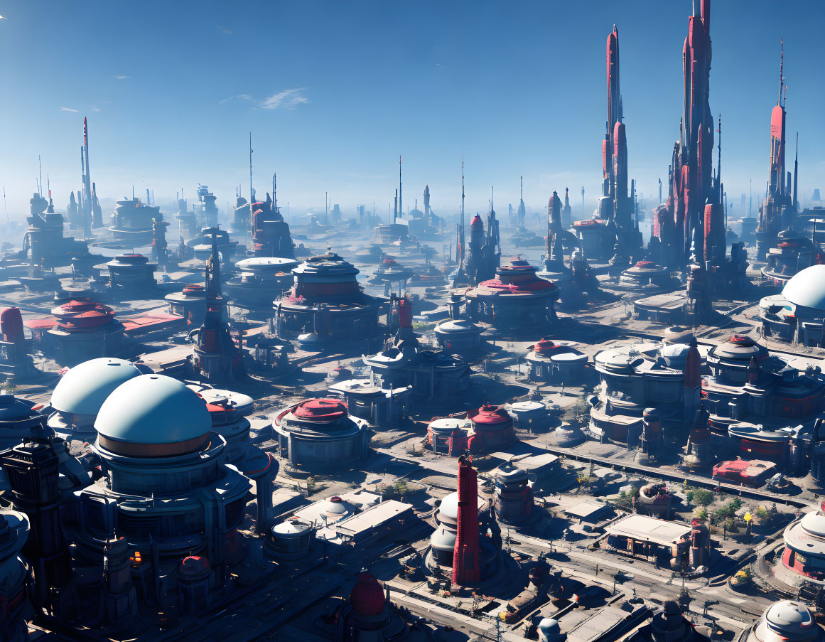 Futuristic cityscape with skyscrapers and domes under clear blue sky