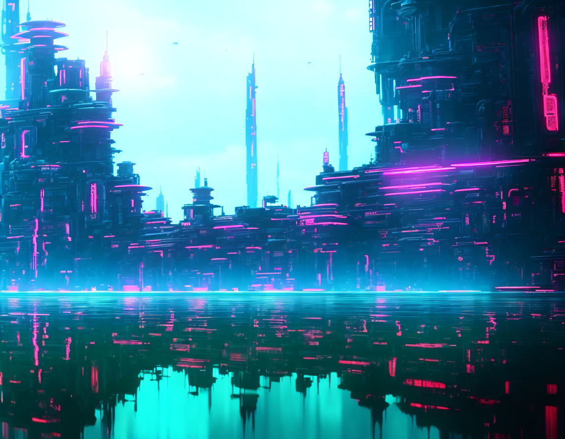 Futuristic neon-lit cityscape with skyscrapers reflected on water surface