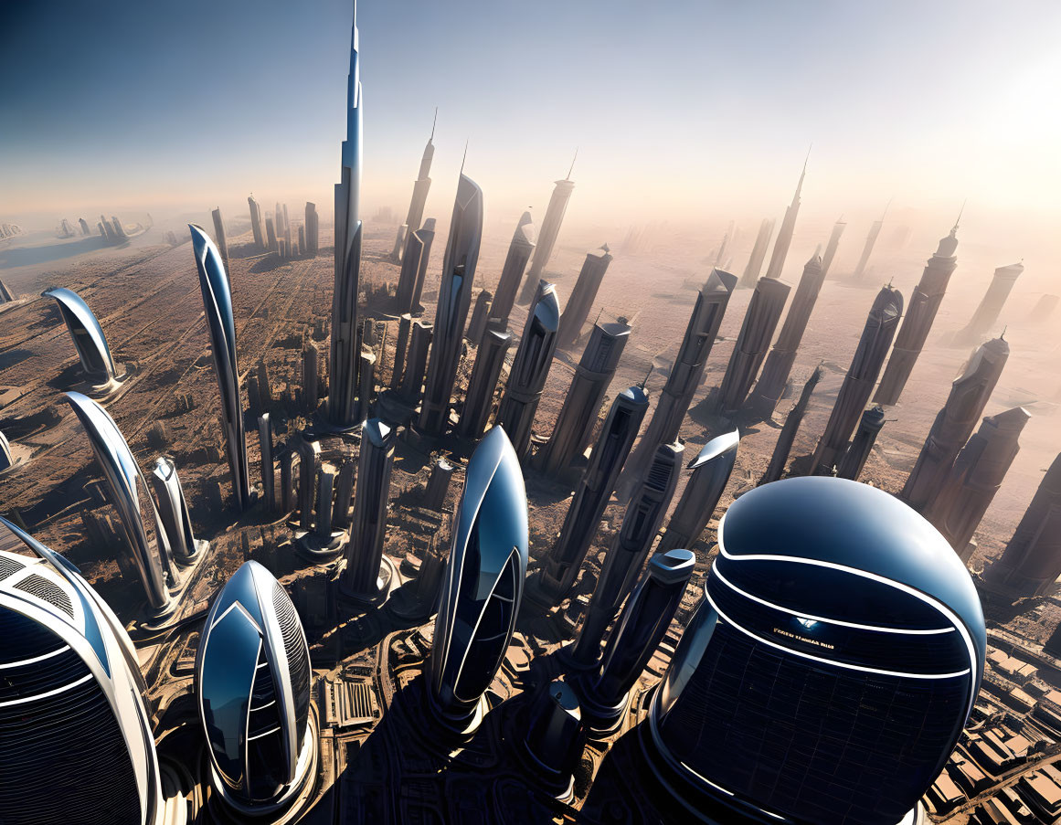 Futuristic cityscape with towering skyscrapers and sleek architecture