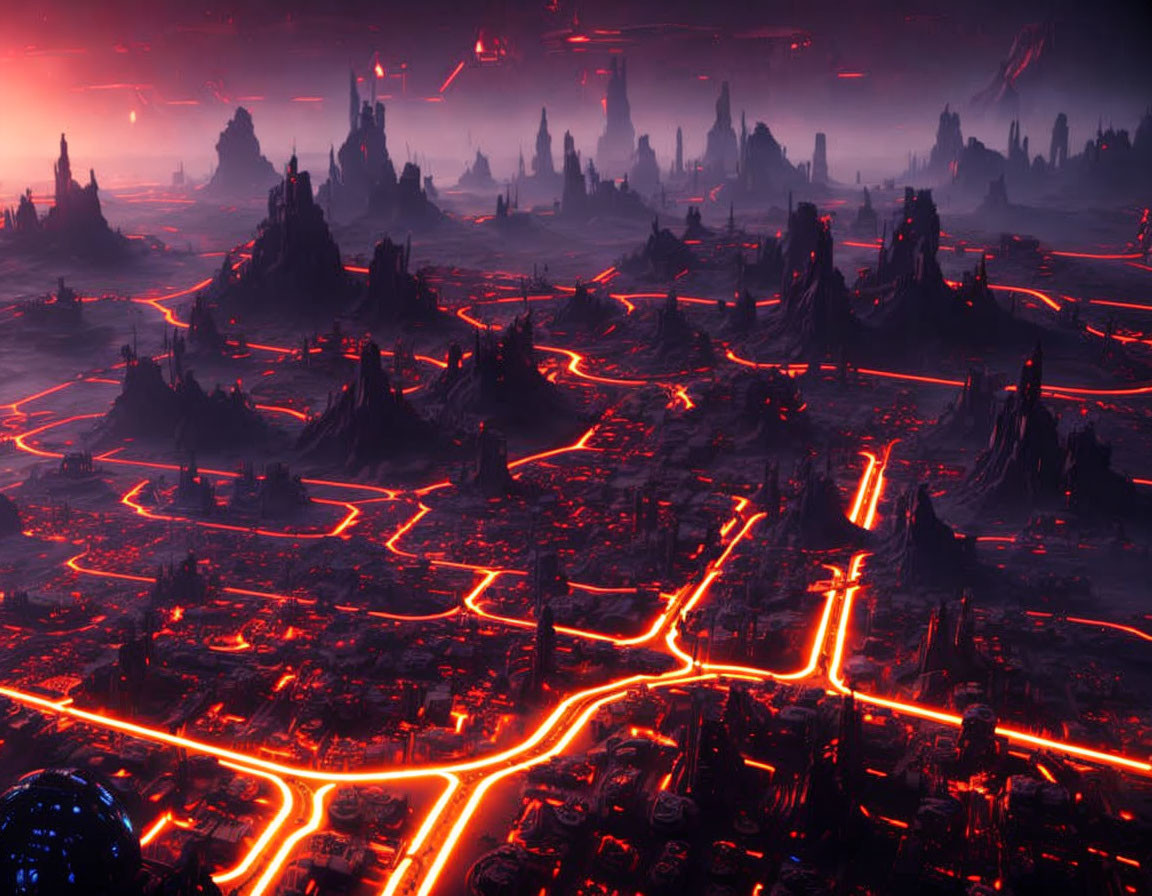 Dystopian landscape with glowing red lava rivers and dark spires