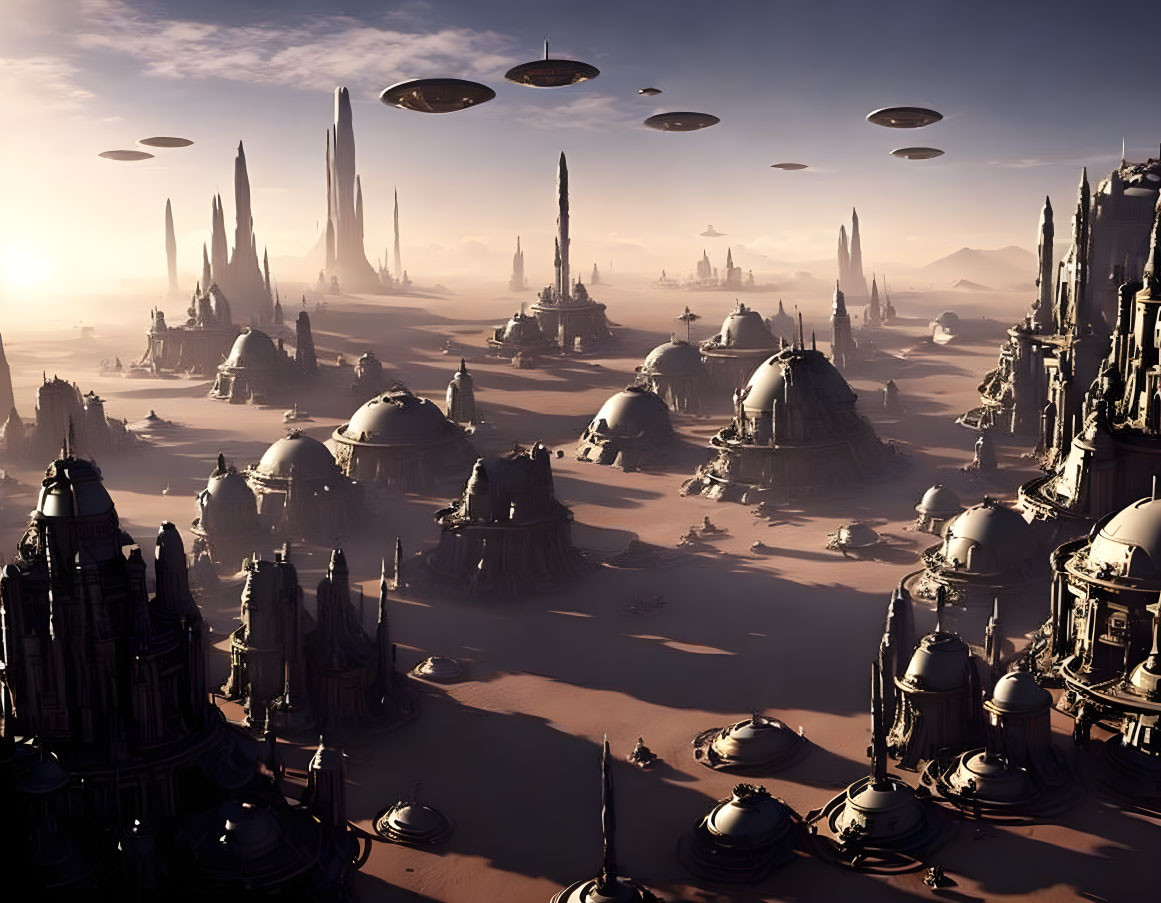 Futuristic desert cityscape with towering spires and flying saucers