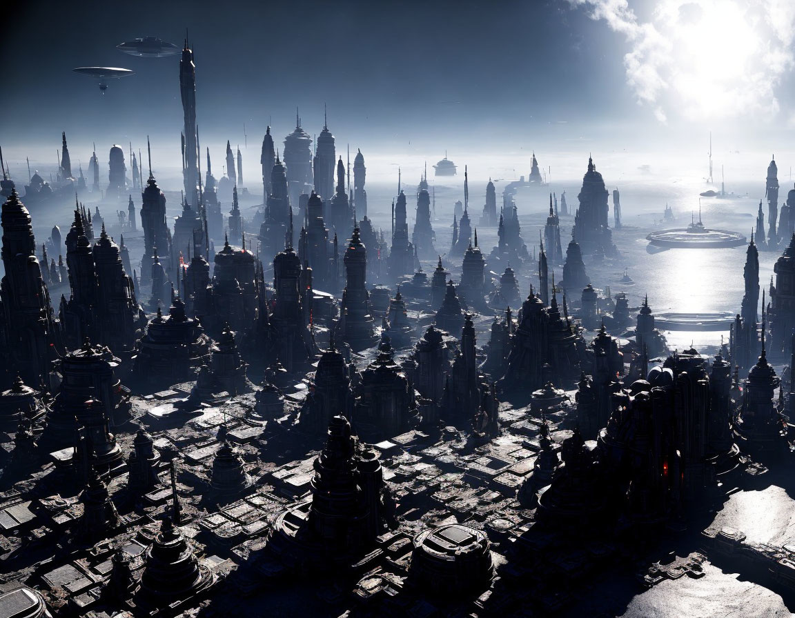 Futuristic cityscape with towering skyscrapers and flying vehicles