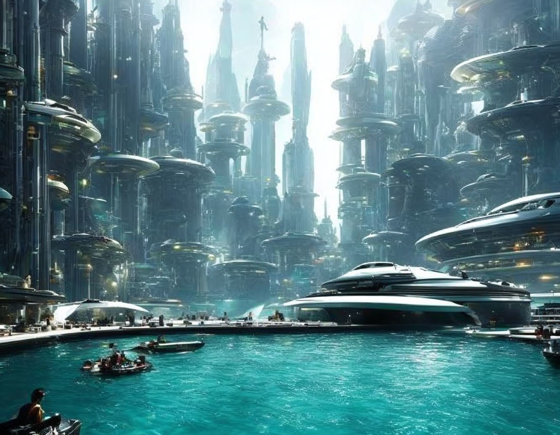 Futuristic cityscape with skyscrapers, flying vehicles, and glowing waterfront