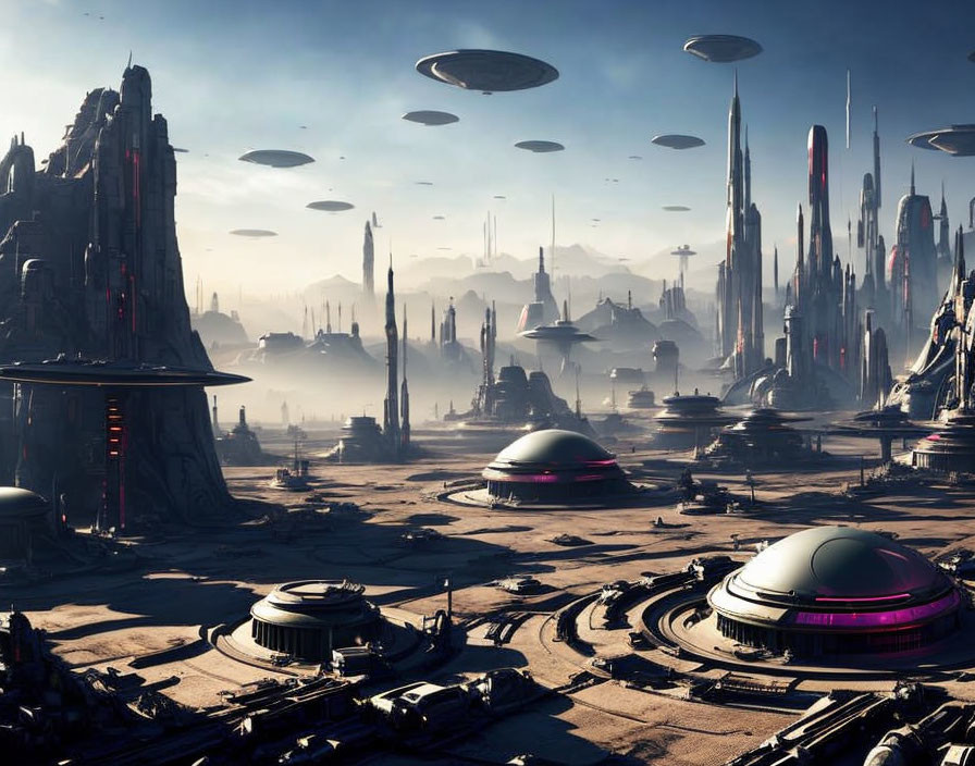 Futuristic cityscape with skyscrapers, flying saucers, and advanced architecture