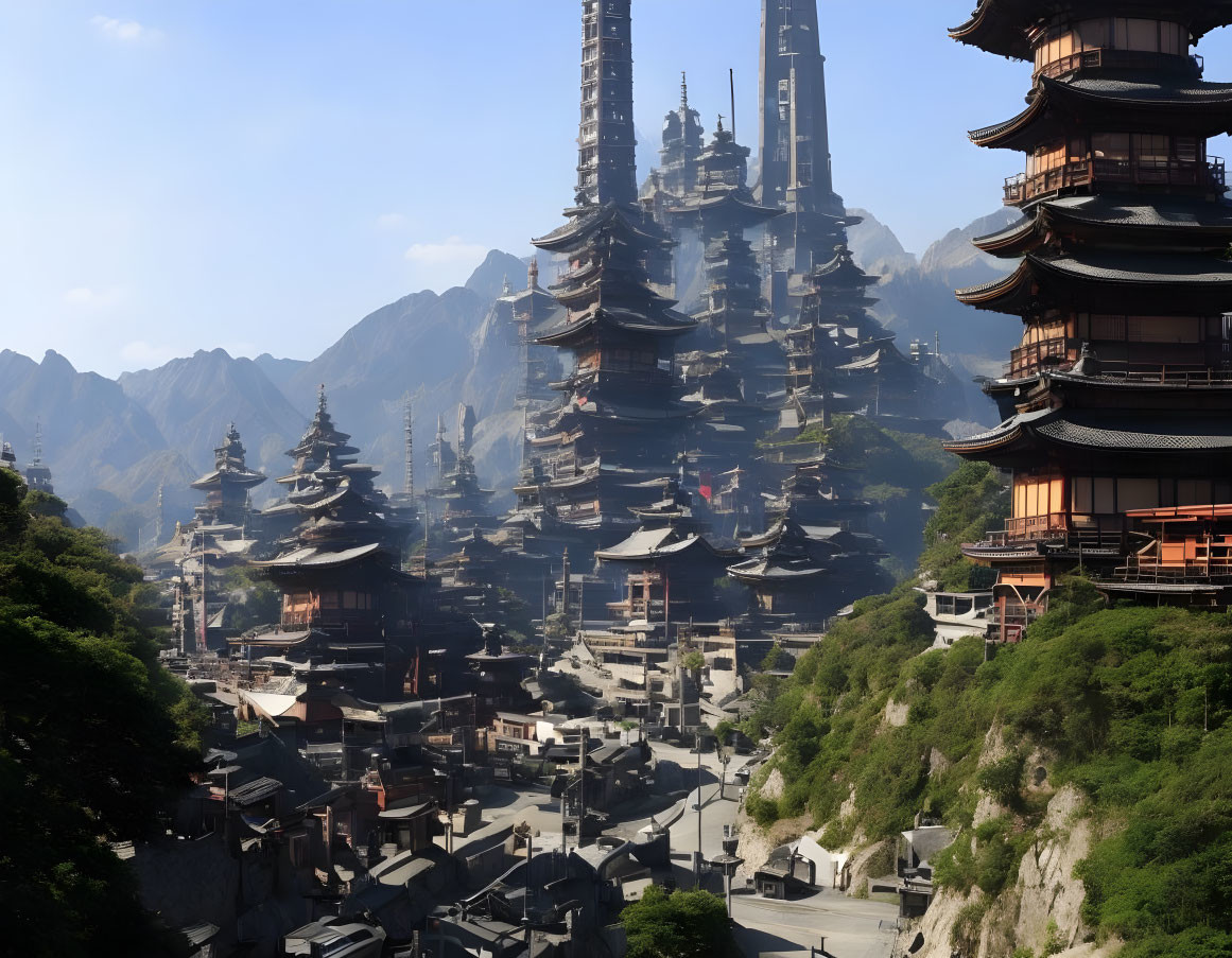 Fantasy cityscape with pagodas, mountains, and tower in serene setting