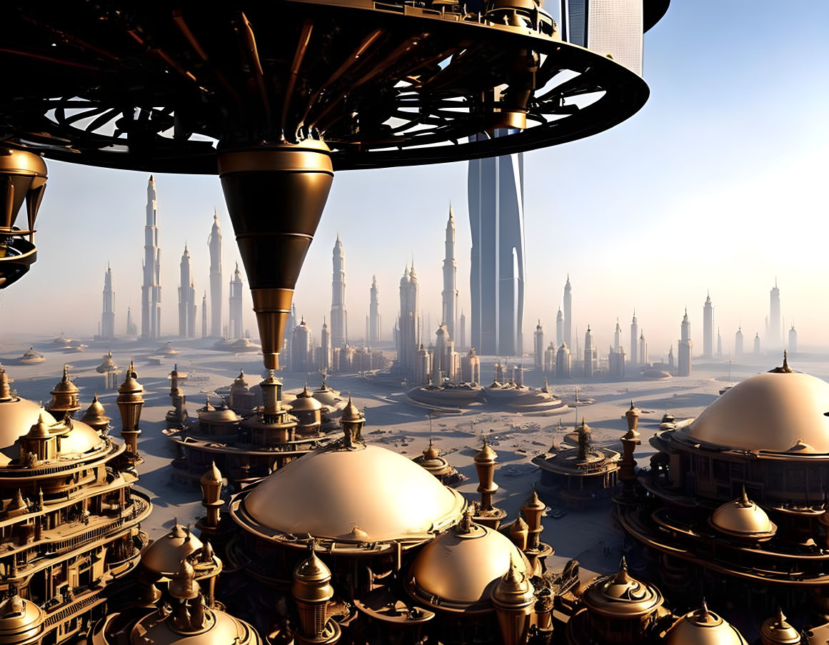 Futuristic cityscape with towering skyscrapers and golden structures under hazy sky