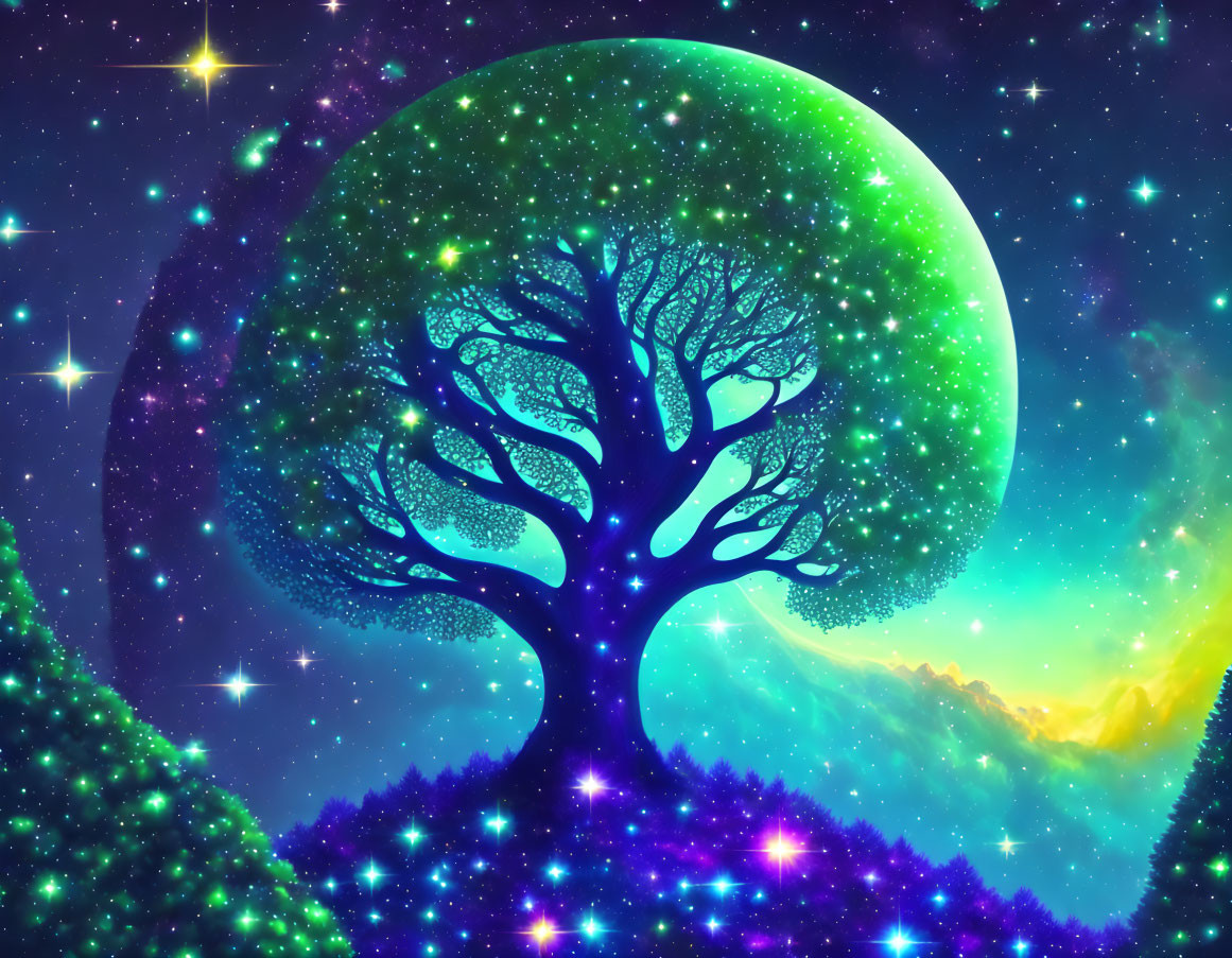 Fantasy landscape with glowing green moon, tree silhouette, stars, and colorful lights