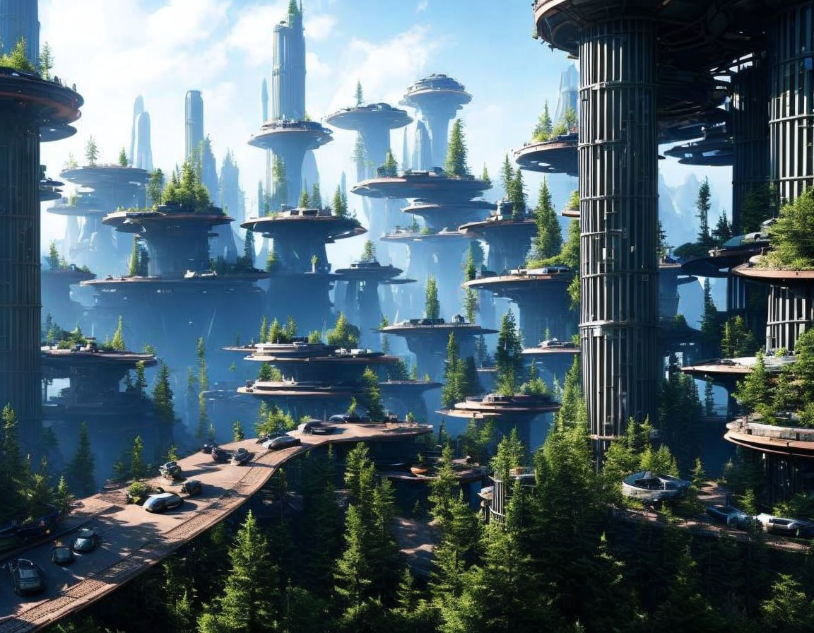 Futuristic cityscape with towering structures and flying vehicles in lush forest