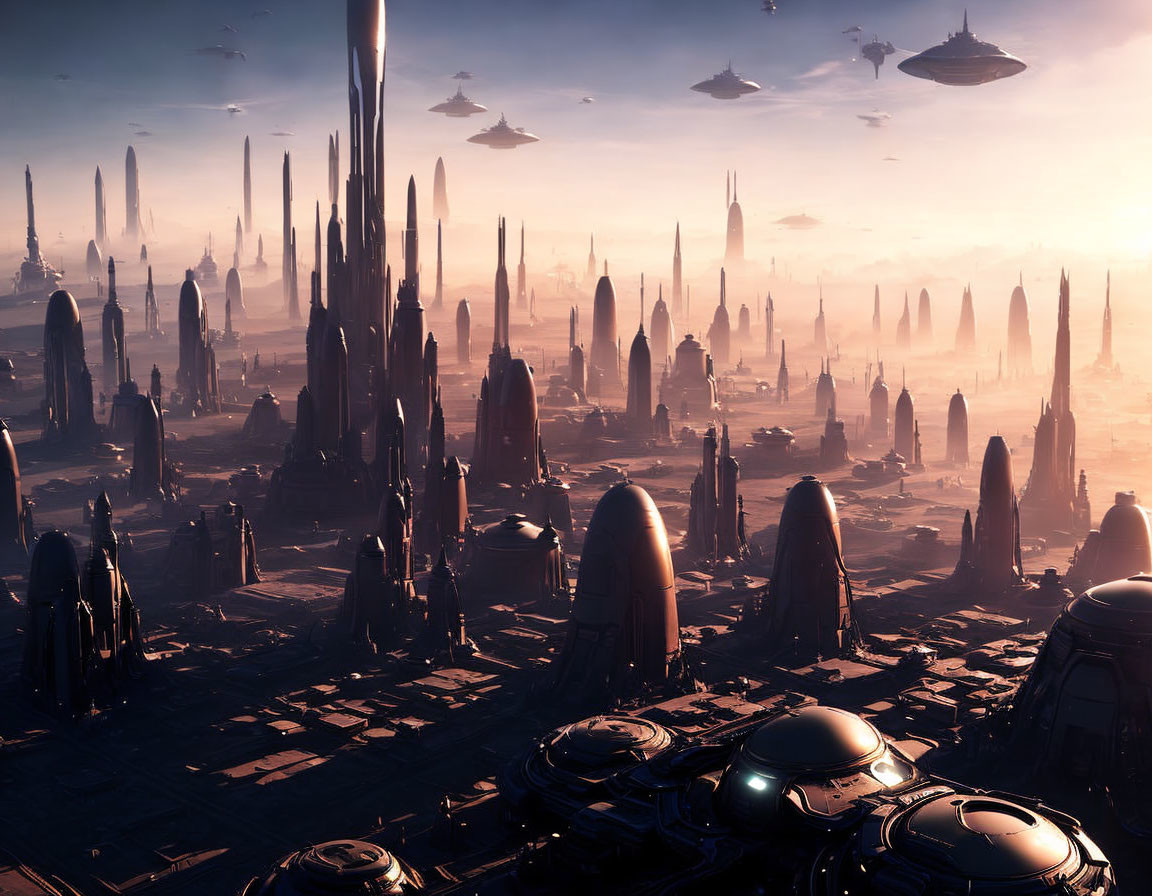 Futuristic cityscape with skyscrapers, flying saucers, and hazy sky