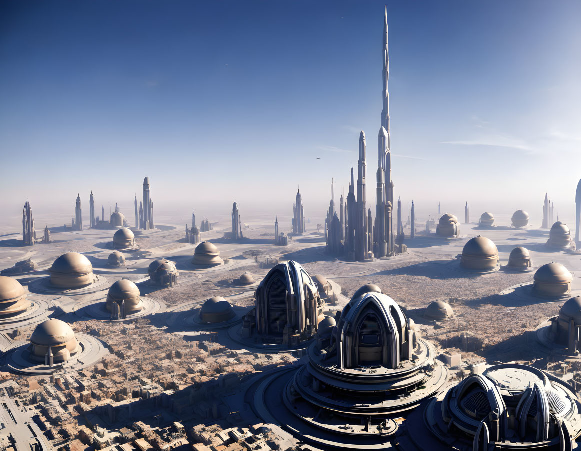 Futuristic cityscape with tall towers and dome structures