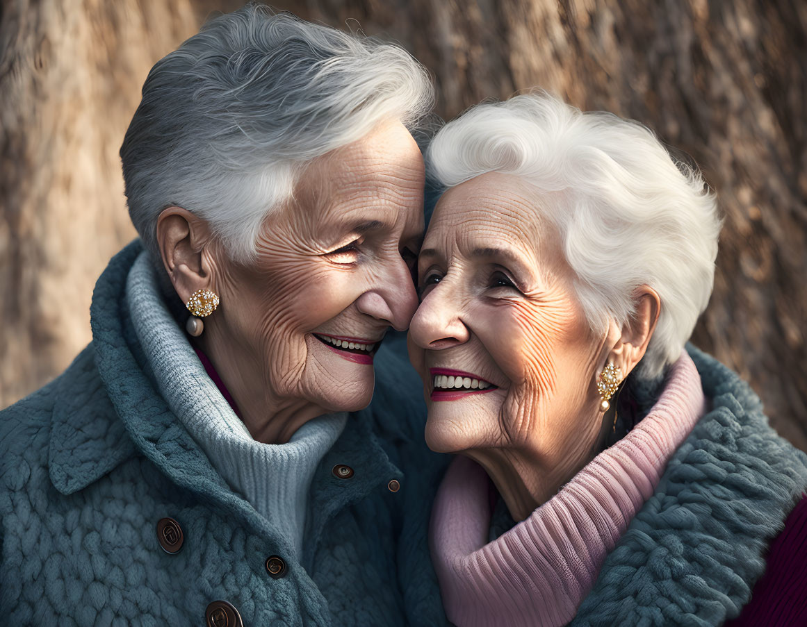 Elderly women with joyous expressions, one in blue coat, one in pink, leaning heads