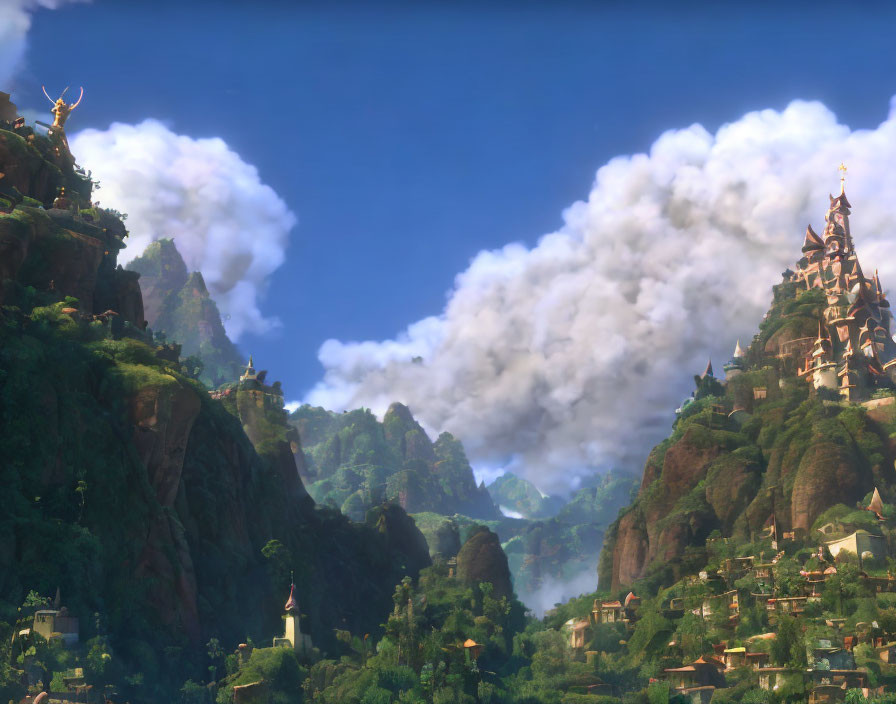 Fantastical mountain village with towering spires and lush greenery