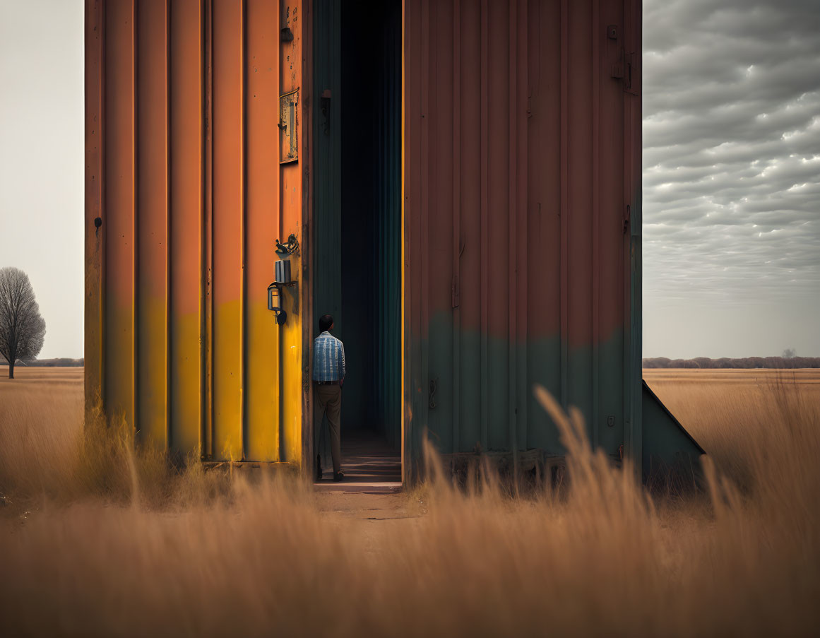 Weathered shipping container in field under dramatic sky