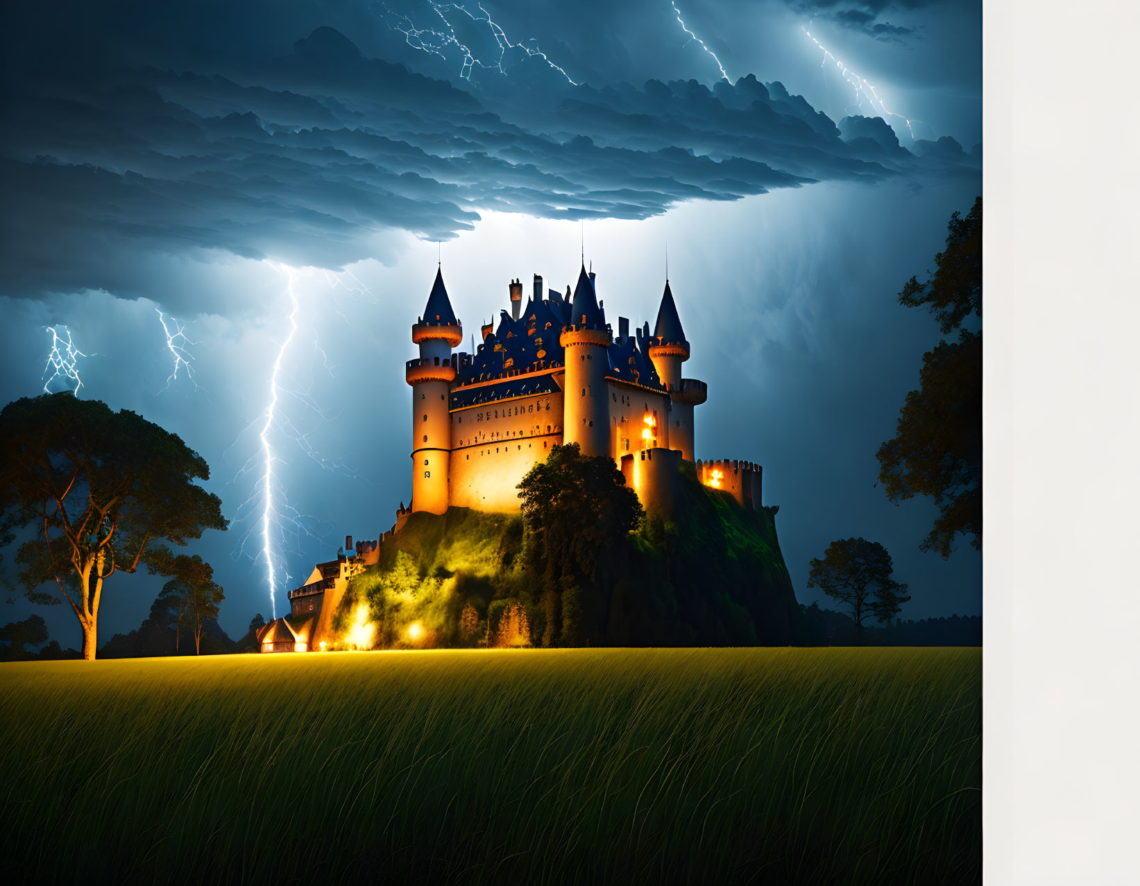 Majestic castle in stormy night with lightning bolts above forest and field