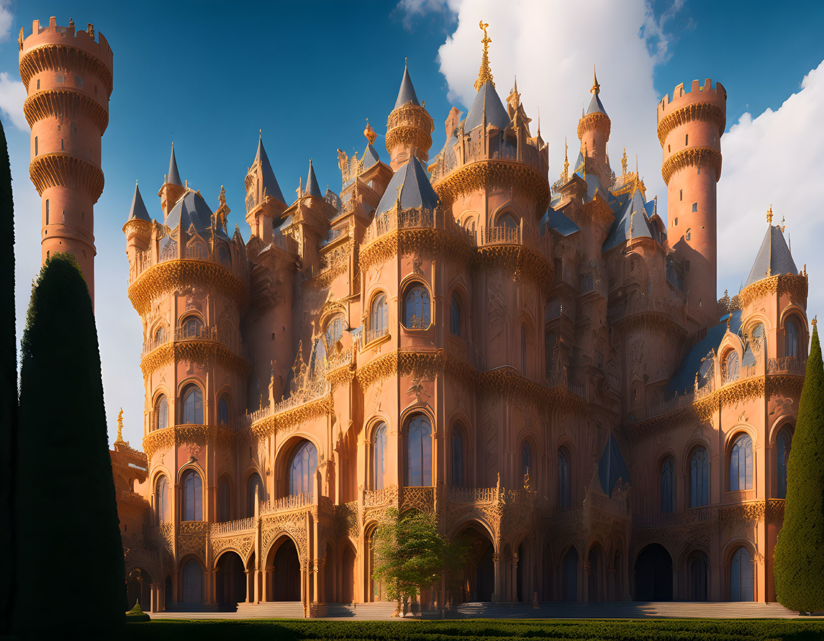 Majestic castle with spires, towers, ornate windows, and arches