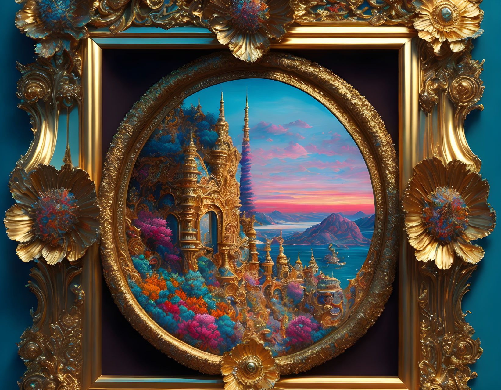 Golden Frame Surrounds Fantasy Castle Painting in Mountain Sunset