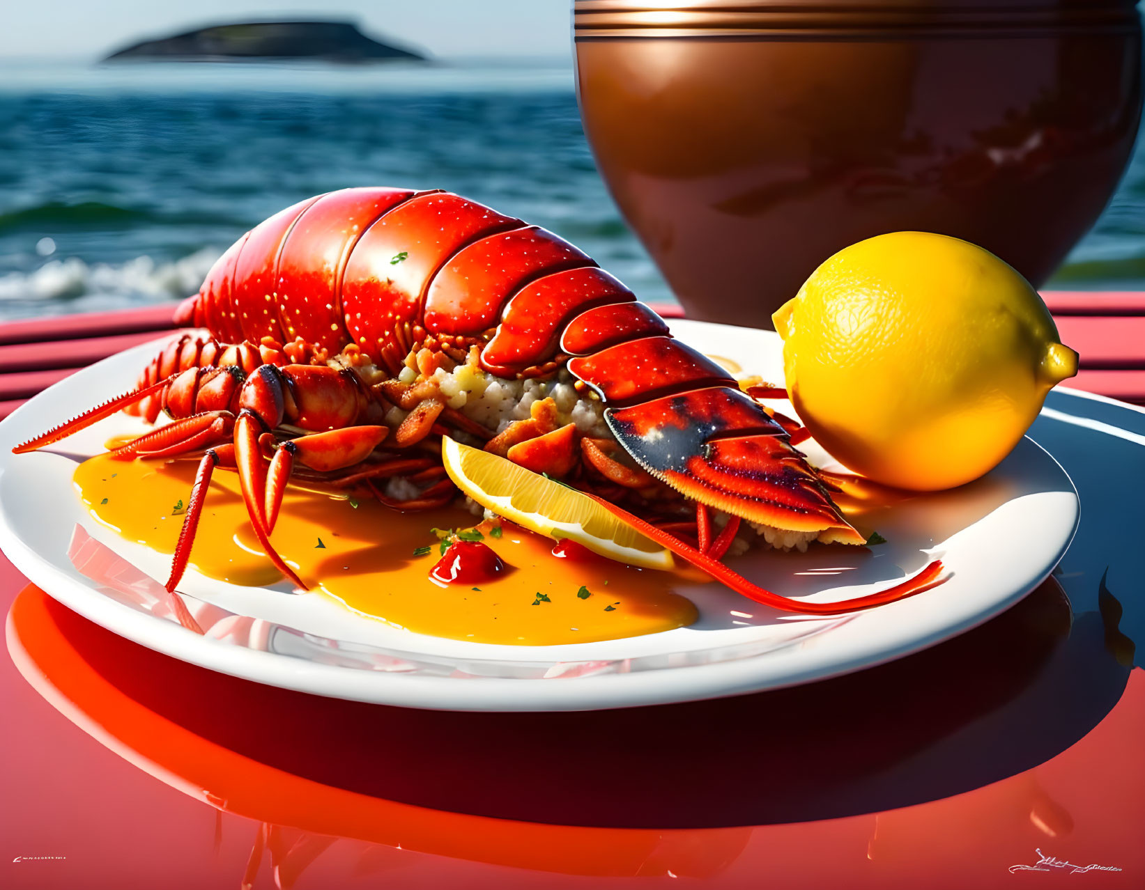 Cooked lobster on plate with lemon and garnish by the sea on sunny day