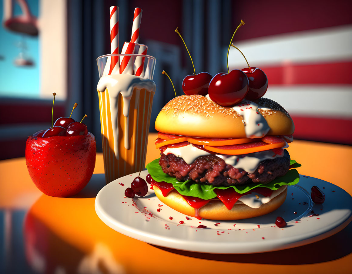 Digital Image: Juicy Double Cheeseburger with Cherries, Milkshake, and Candied Apple on