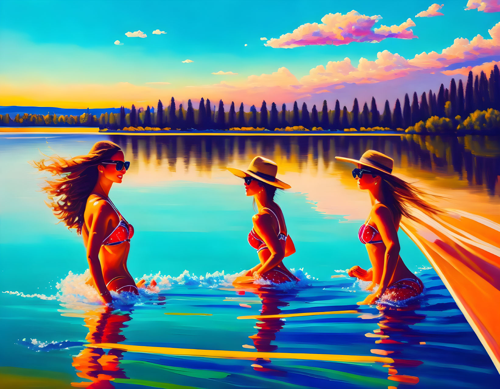 Three women in swimsuits at sunset lake with hats.