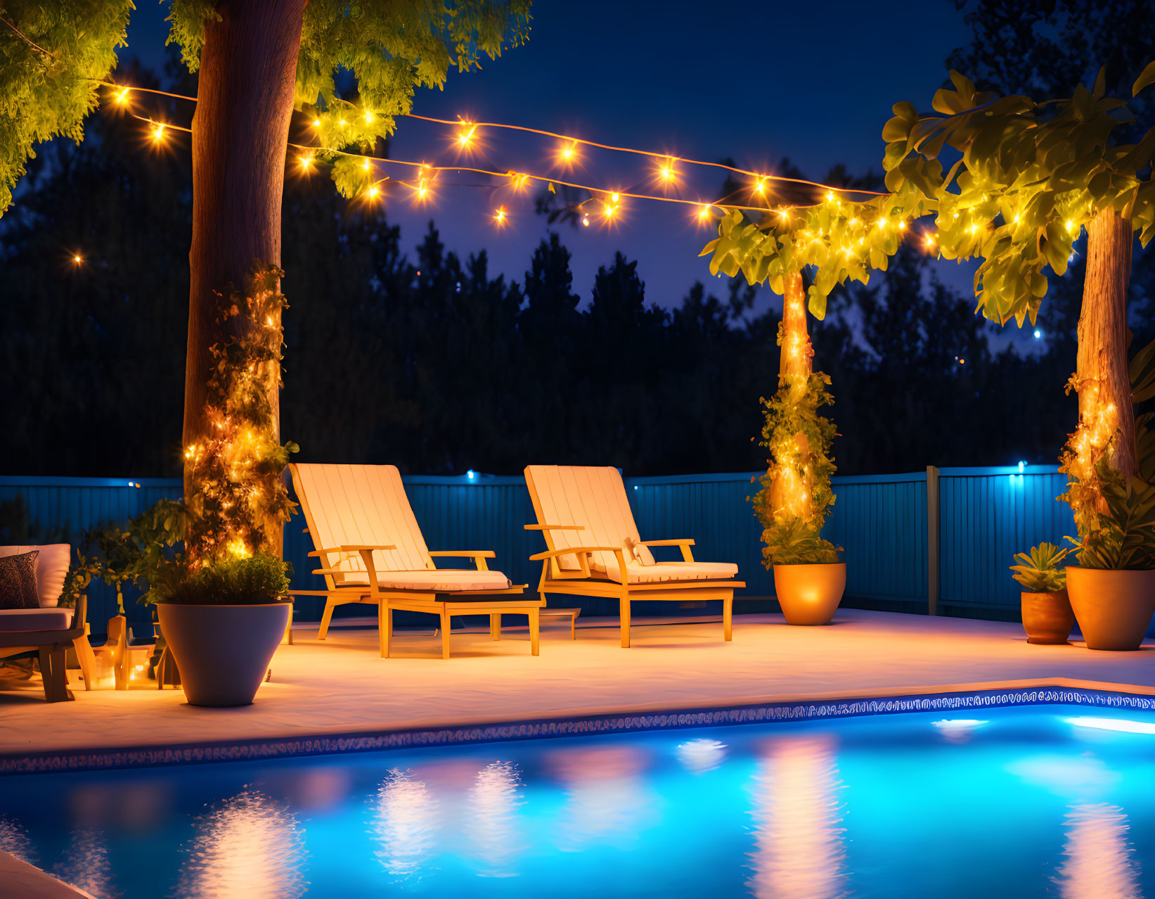 Nighttime backyard pool with string lights, lounge chairs, greenery, starlit sky