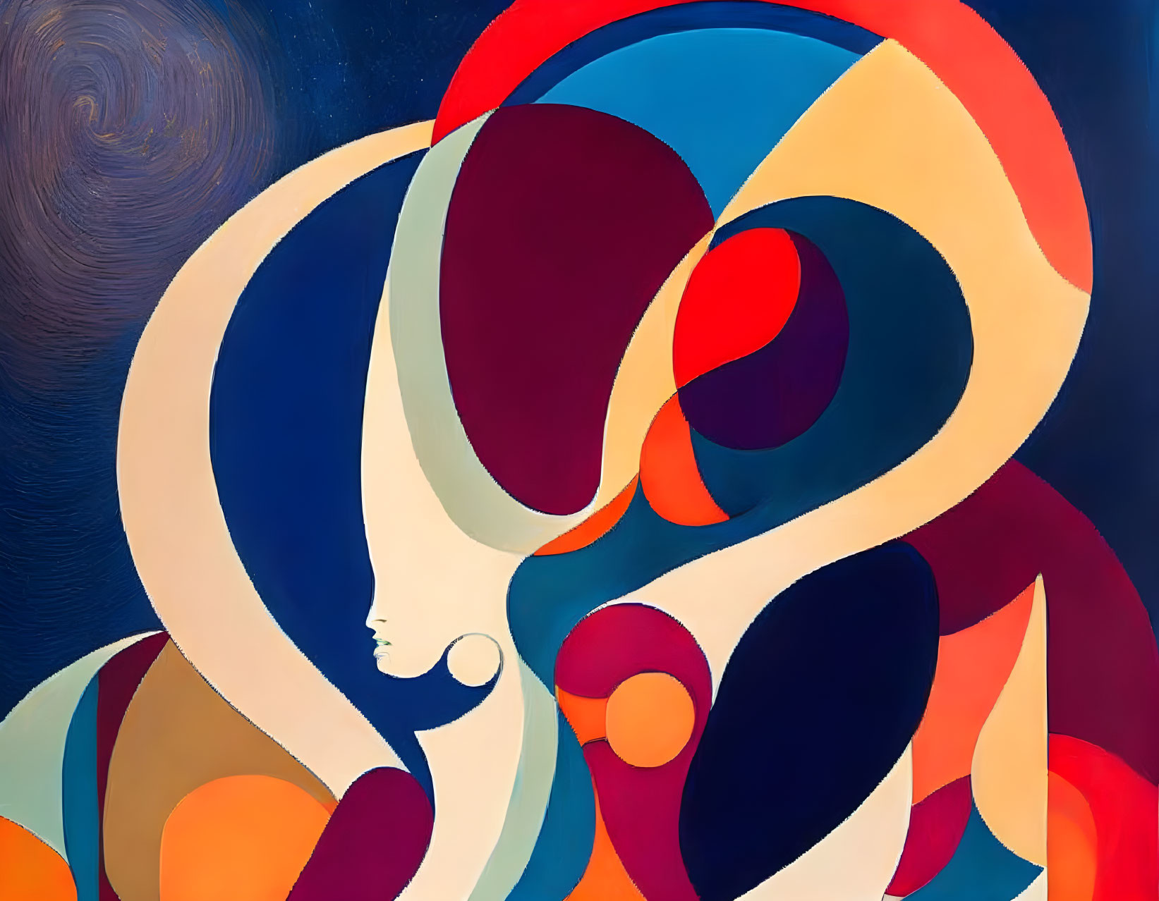 Vibrant Swirling Colors Abstract Painting with Stylized Human Face Profile on Blue Background