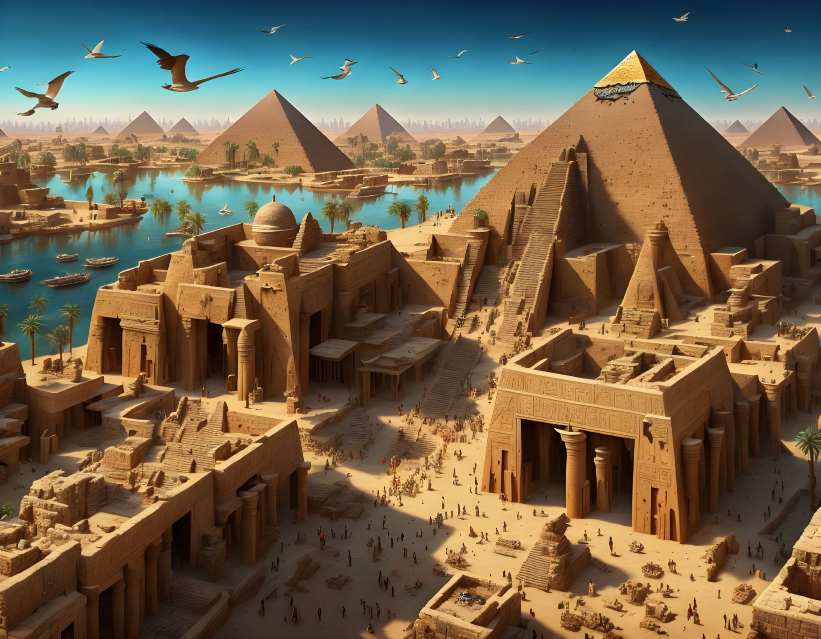 Ancient Egyptian civilization with pyramids, Sphinx, Nile river, people, boats, and blue sky