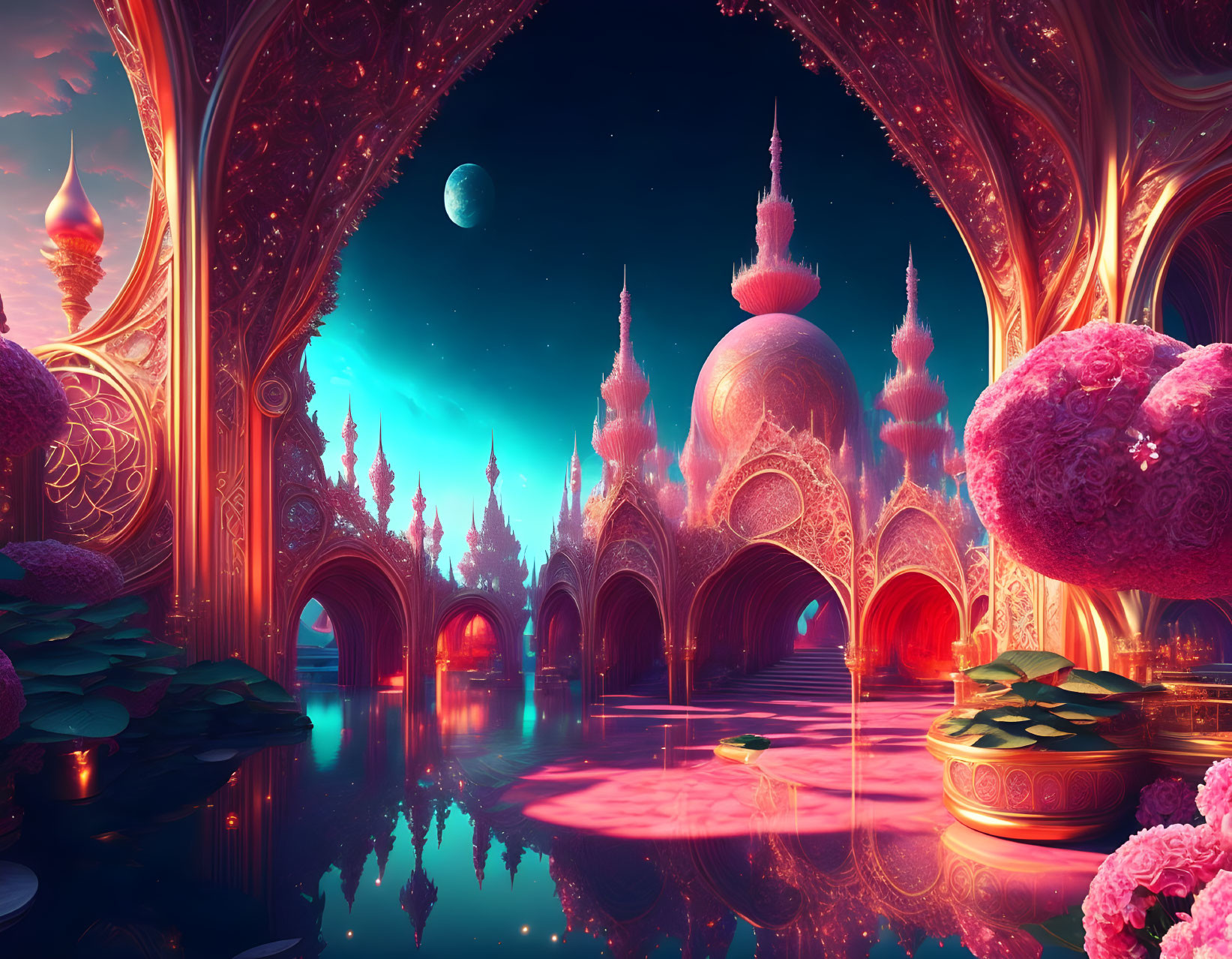 Fantasy scene: Ornate pink and gold architecture under crescent moon