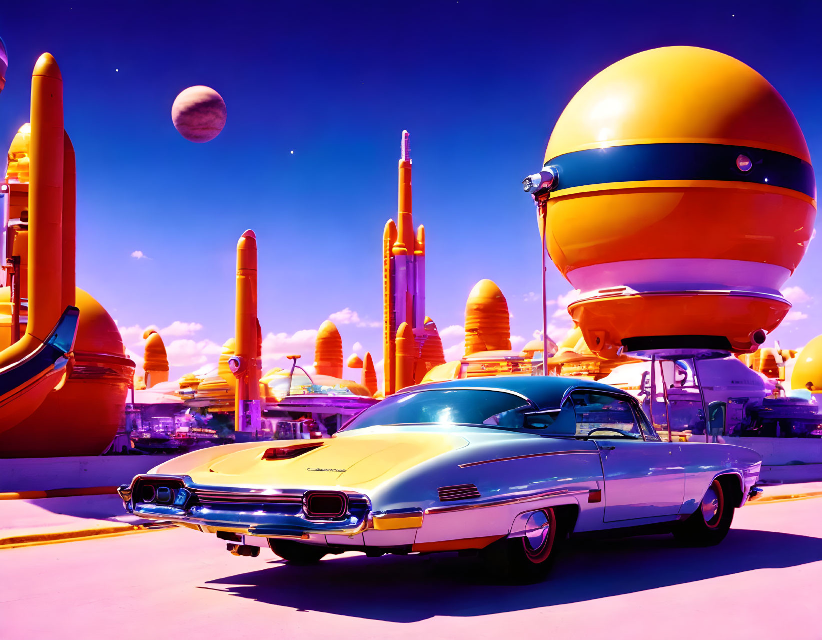 Vintage car in futuristic cityscape with planets in pink sky