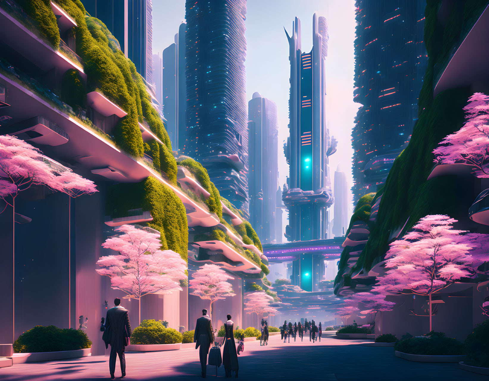 Futuristic cityscape with skyscrapers, greenery, cherry blossom trees, pedestrians, pink