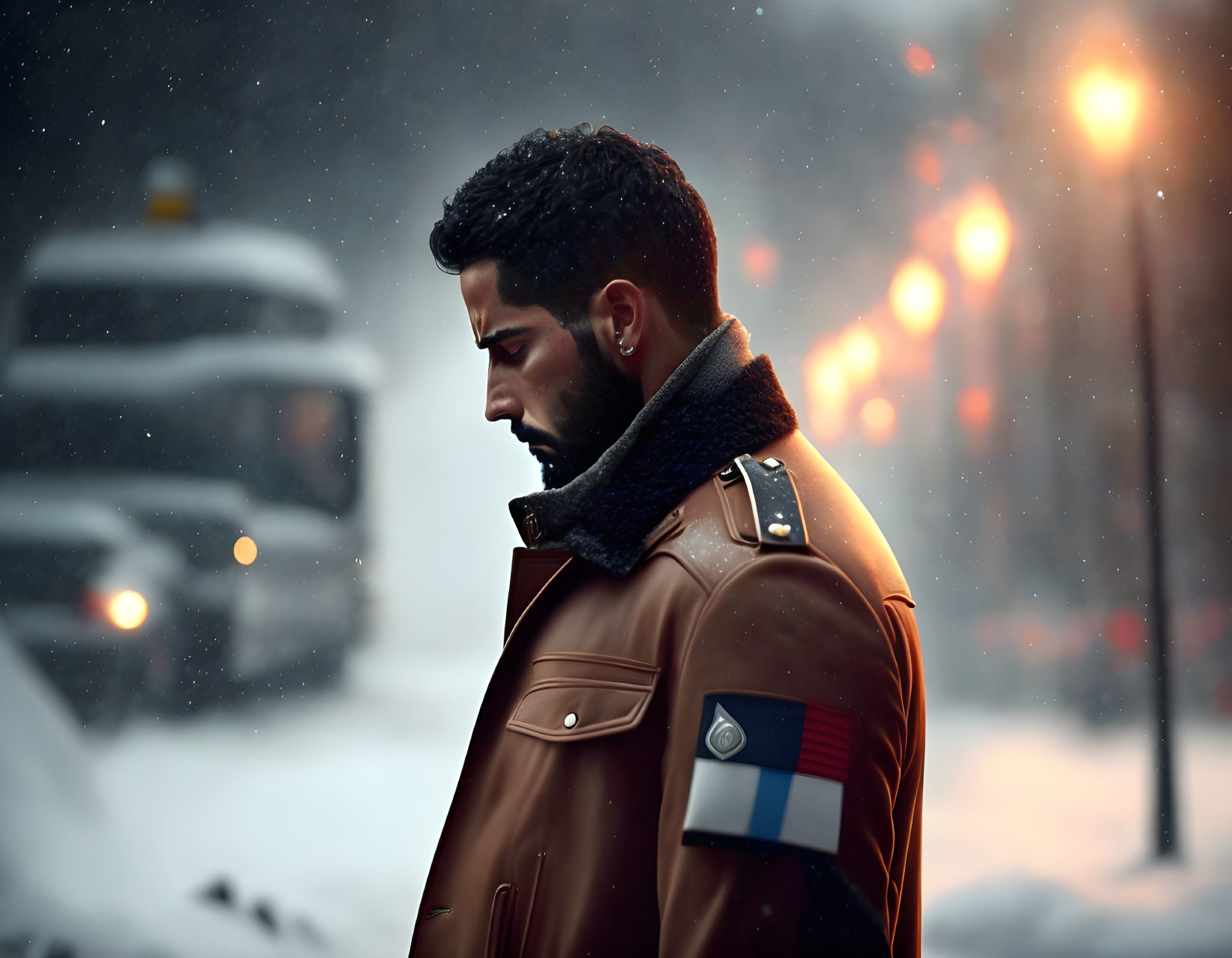 Profile of man in leather jacket with armband in snowy urban setting