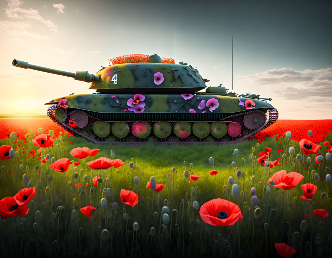 Colorful Flower-Adorned Tank in Field of Red Poppies