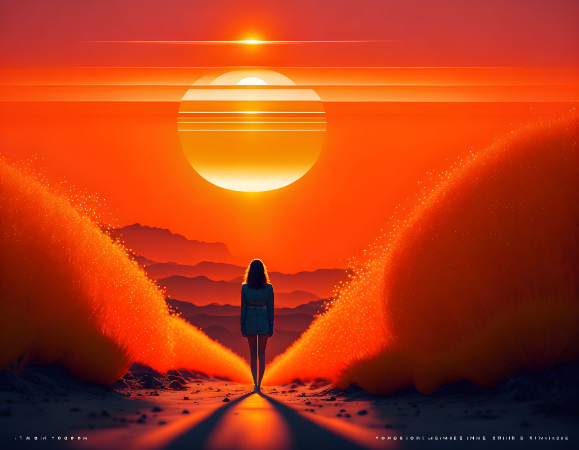 Surreal sunset scene with oversized sun and reflective pathway.