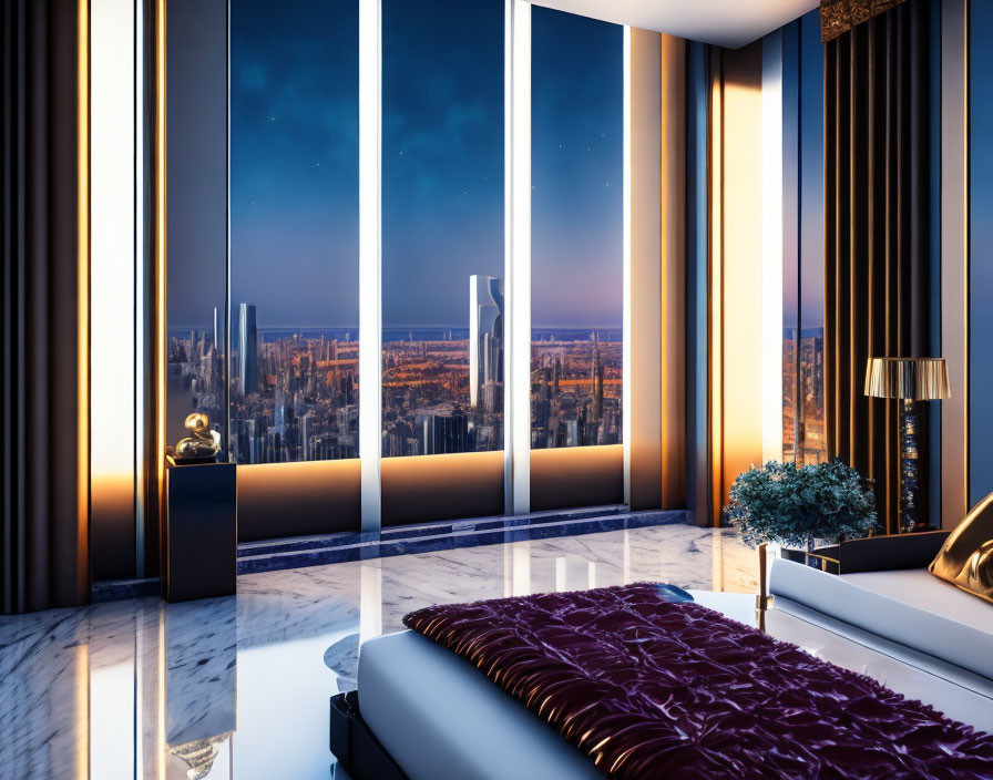 Stunning modern bedroom with cityscape view and luxurious decor