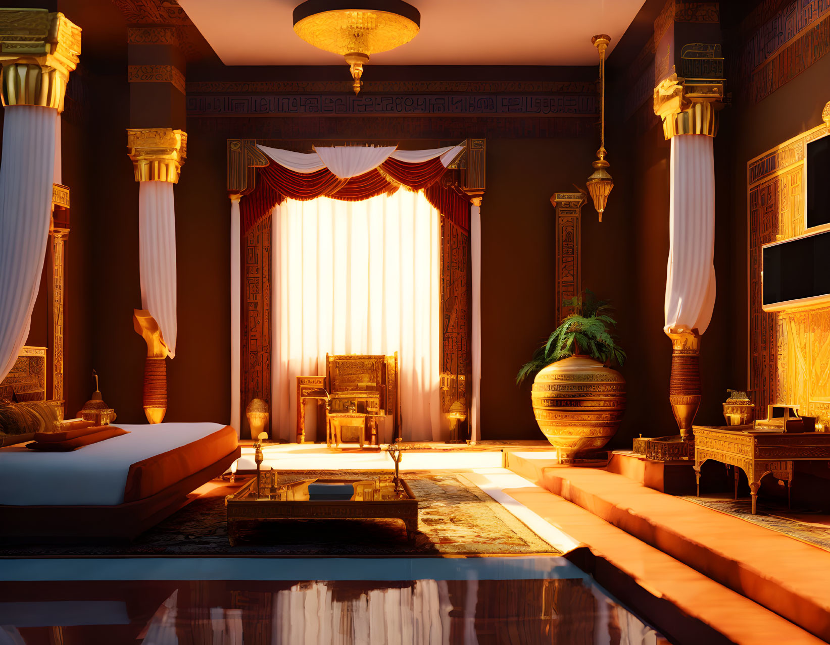 Opulent Ancient Egyptian-themed Room with Ornate Decor & Traditional Furnishings