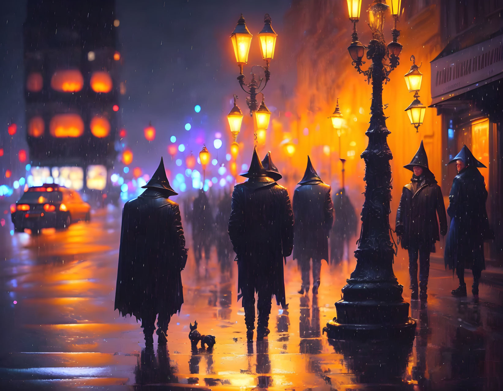 Rainy city street at night: People with umbrellas and coats, vibrant lights.